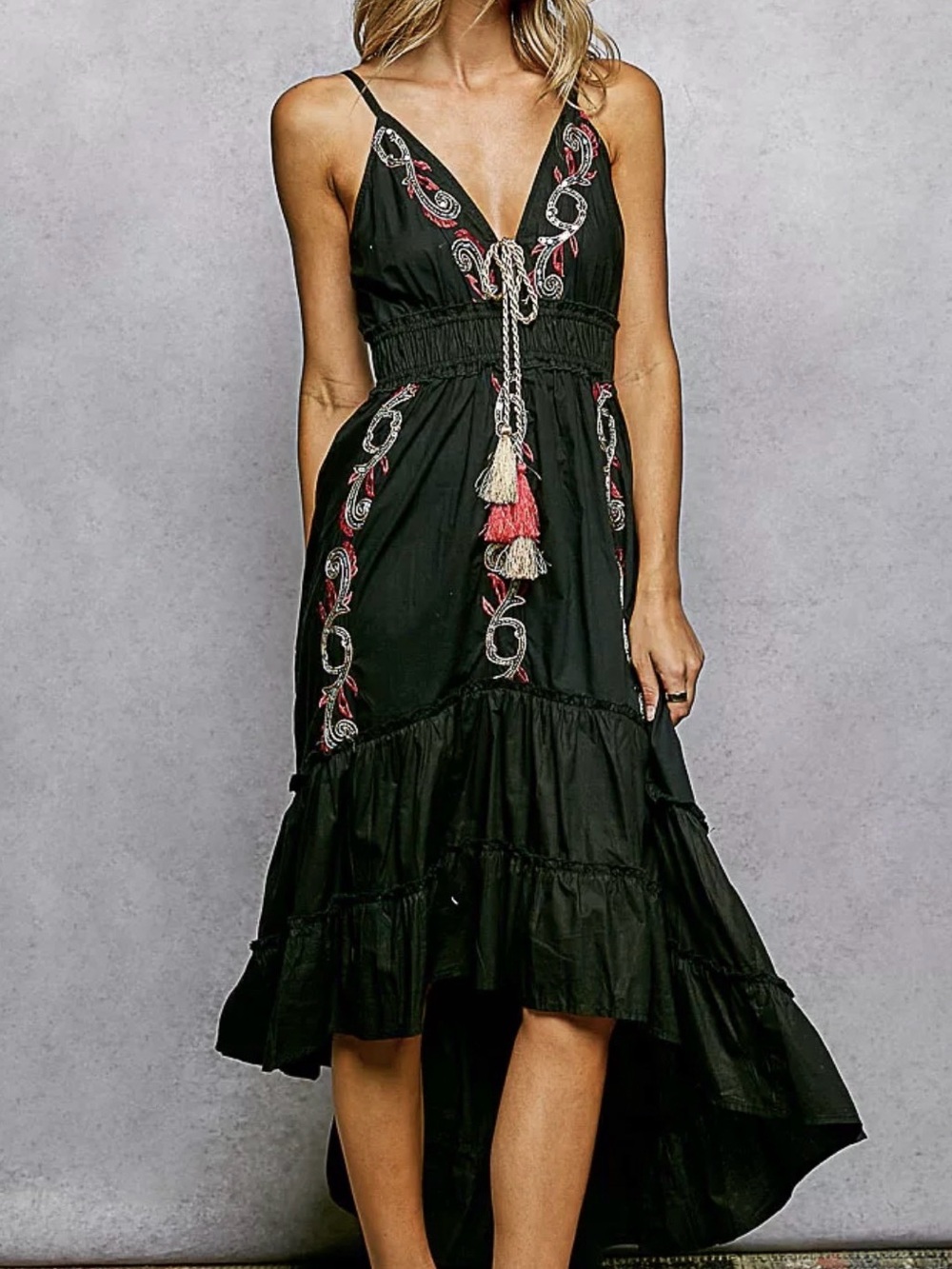POL Embroidered Detail Tassel Tie Smocked Waist Midi Tierd Cami Dress L - Picture 4 of 6